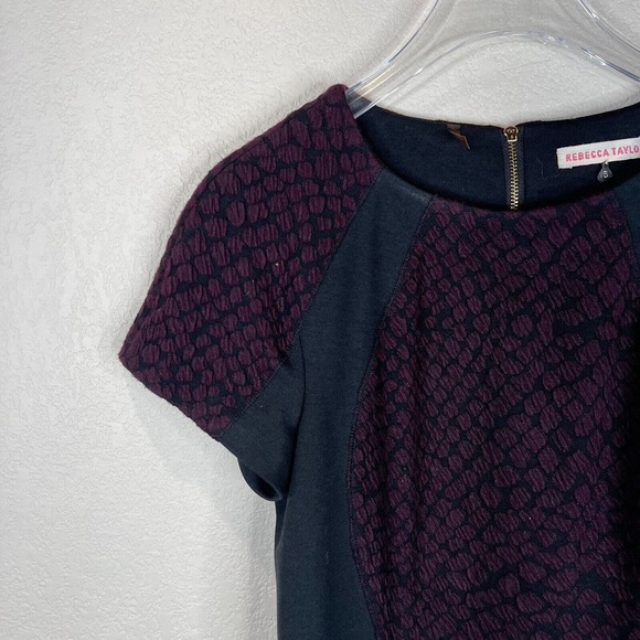 Rebecca Taylor‎ Dress 6 Women Textured Sheath Short Sleeve Black Purple - Picture 3 of 11